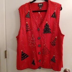 CHristmas sweater vest Red Beaded trees Vintage EUC 2X Button front